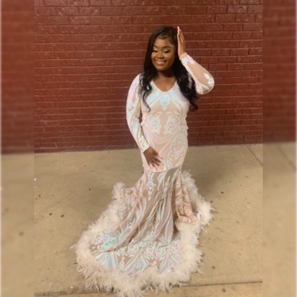 Elegant White(LitePink/BabyBlue)CustomMade MermaidFeather(Bottom)PromDress - Picture 2 of 6